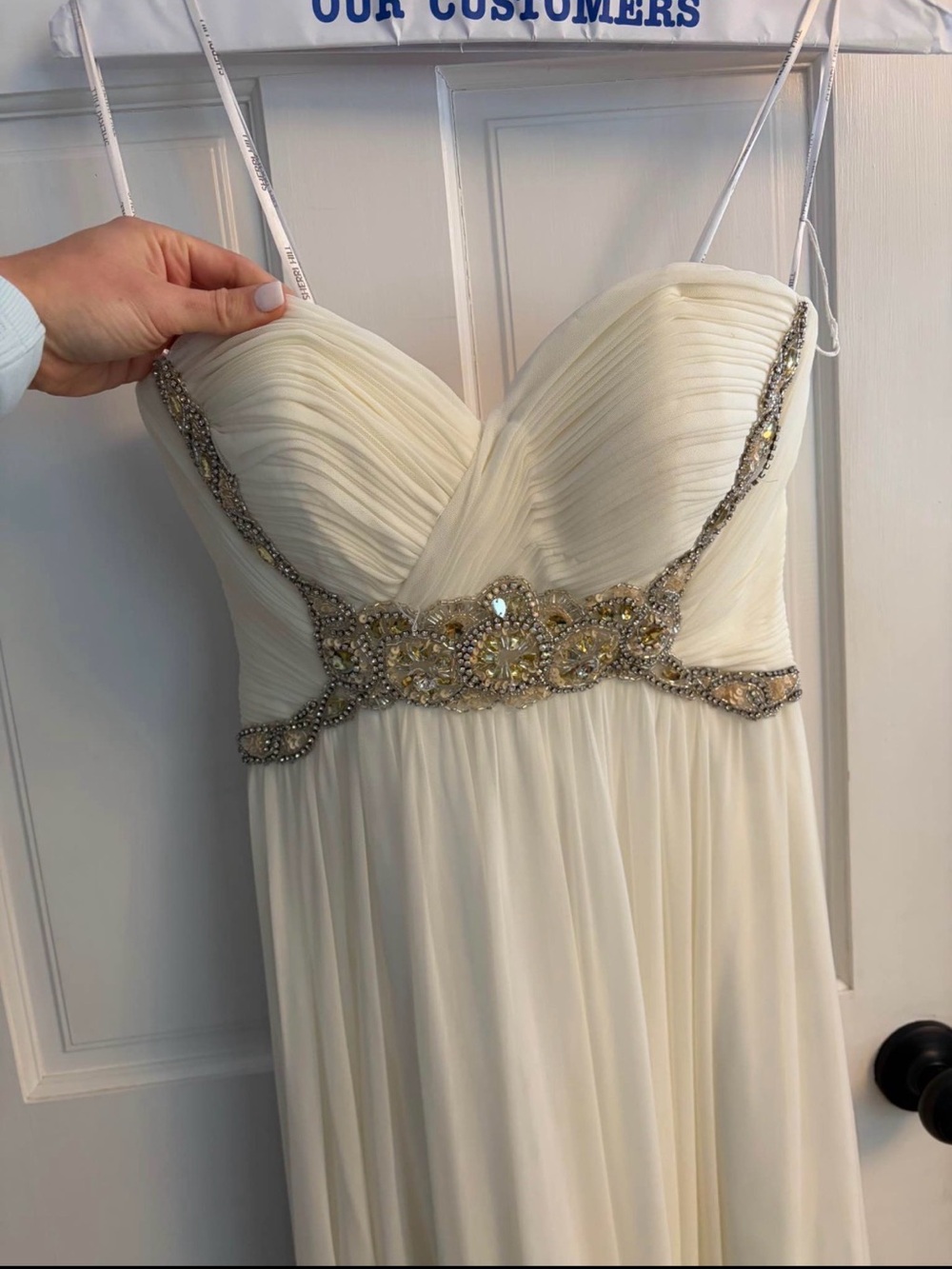 Sherri Hill Ivory Beaded Spaghetti Strap Prom Dress